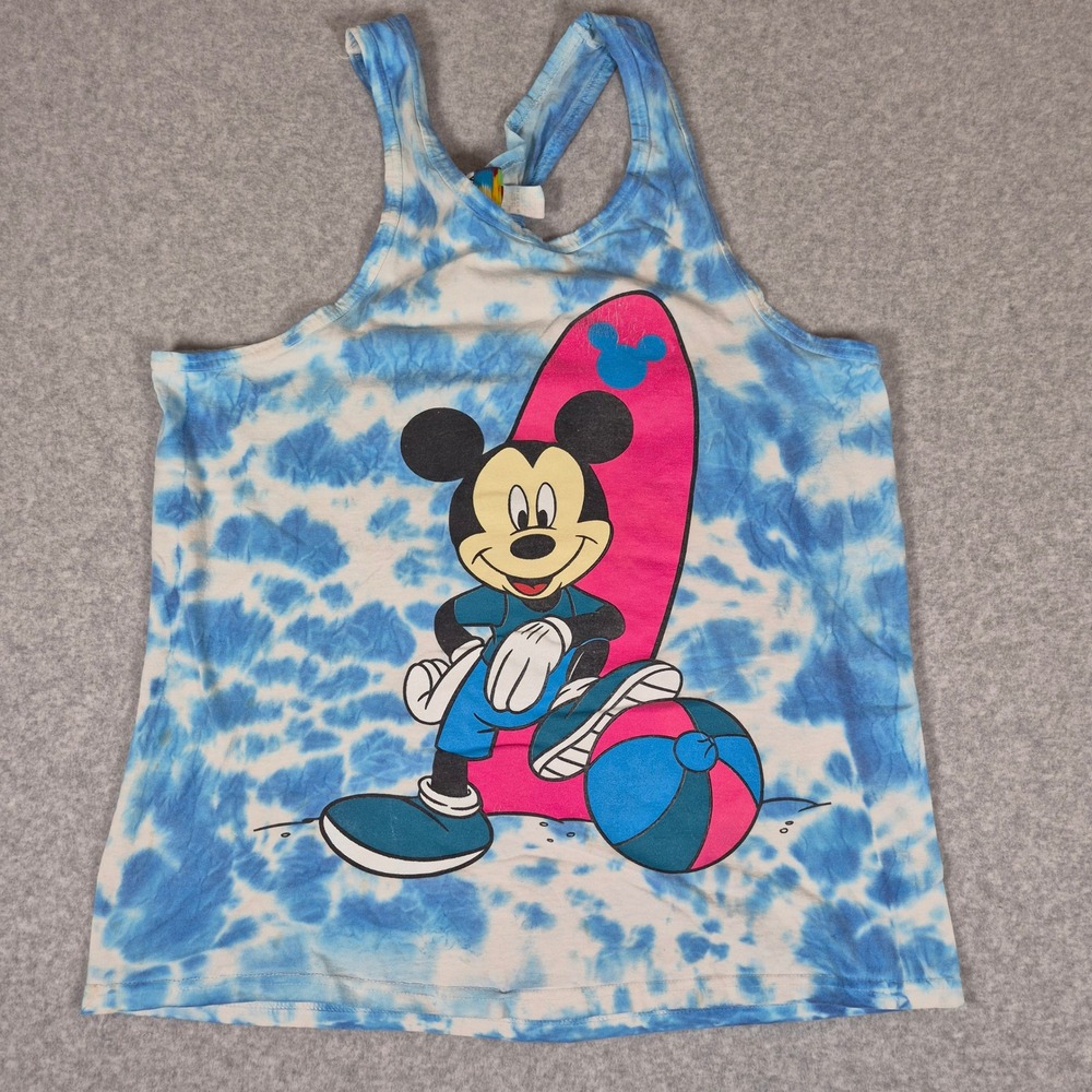 Vintage Mickey Unlimited Tank Top Womens OS Blue Tie Dye Surfing Mickey Mouse